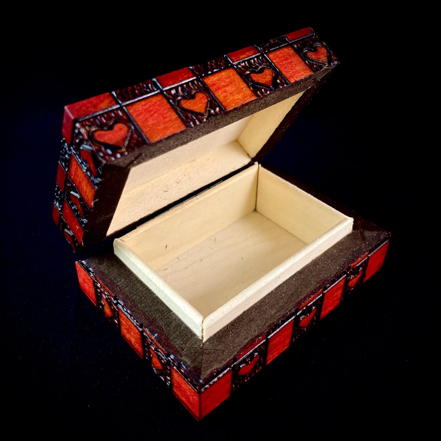 Checkerboard Hearts Jewelry Box, Handmade Hinged Wooden Treasure Box