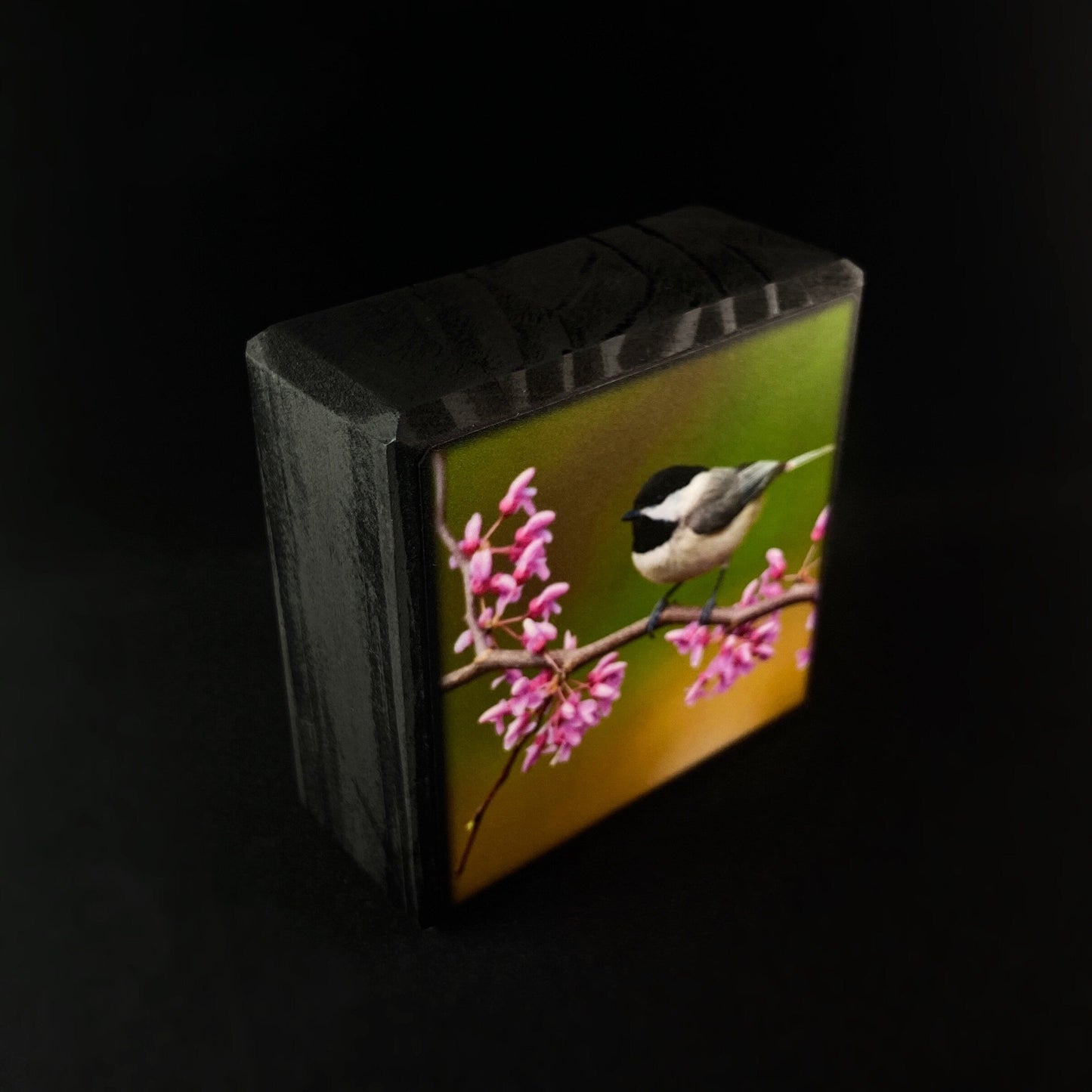 Chickadee on a Pink Floral Branch, Art Block - Unique Home/Office Decor