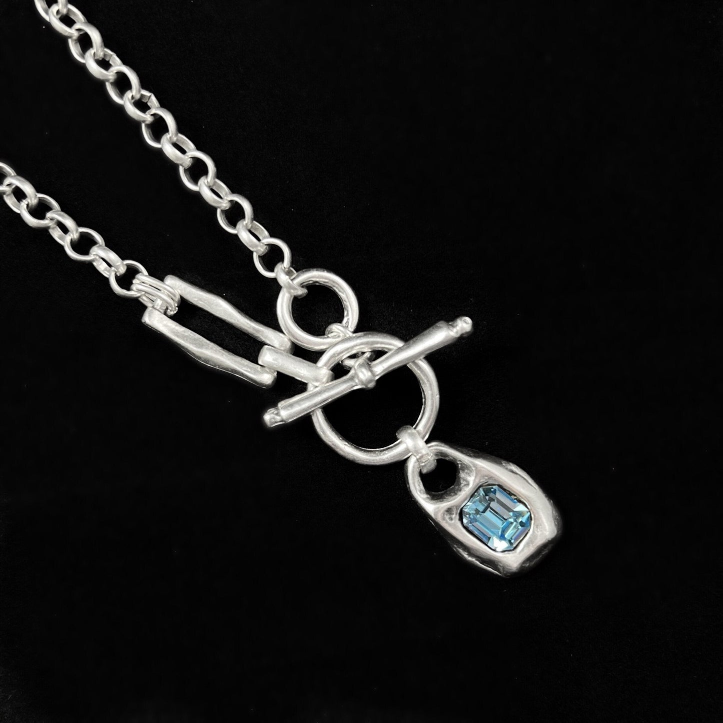 Chunky Abstract Silver Necklace with Blue Crystal Accent, Handmade, Nickel Free