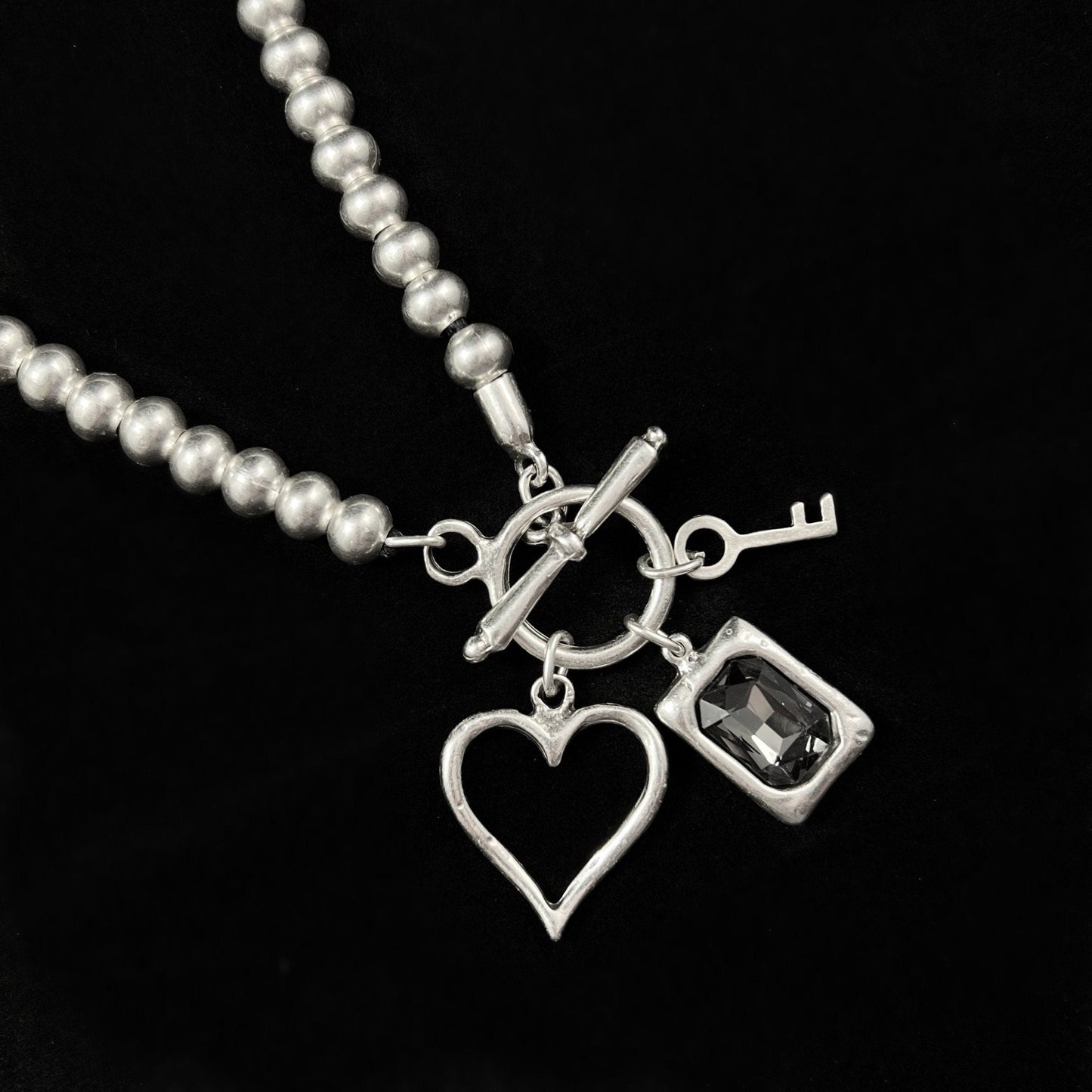 Chunky Abstract Silver Necklace with Crystal, Key, and Heart Charms, Handmade, Nickel Free