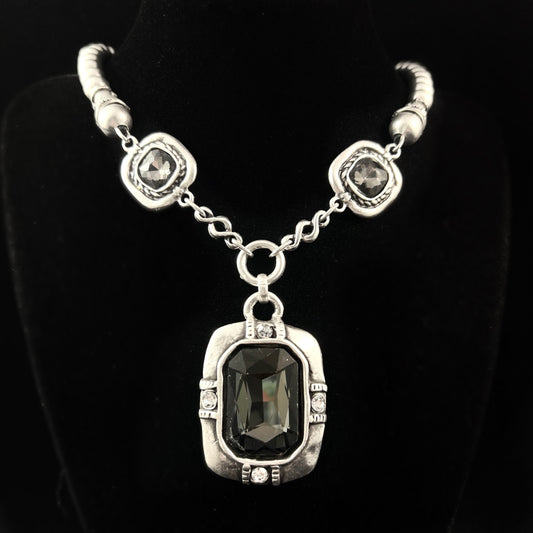 Chunky Abstract Silver Necklace with Gray Celtic Crystal, Handmade, Nickel Free