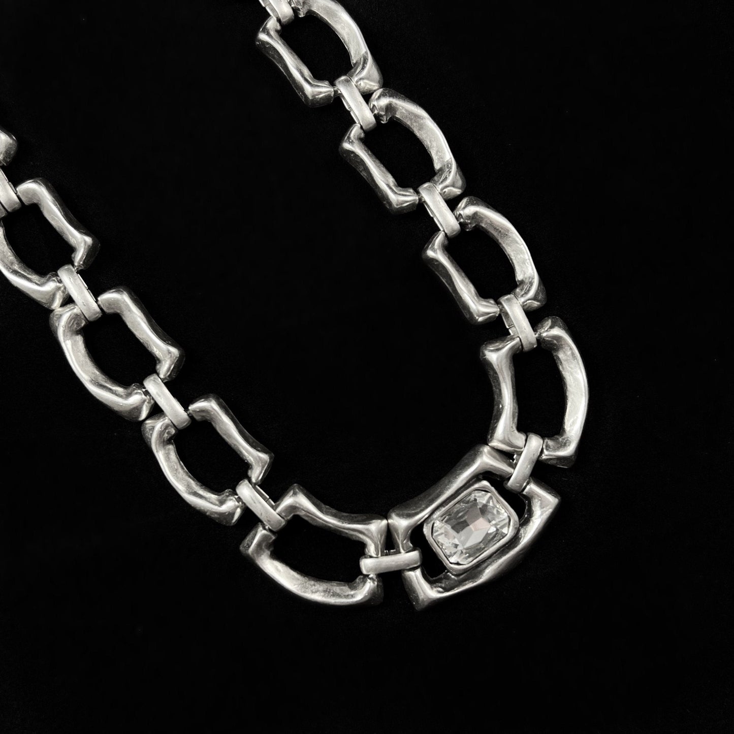 Chunky Abstract Silver Necklace with Rectangular Crystal Accent, Handmade, Nickel Free