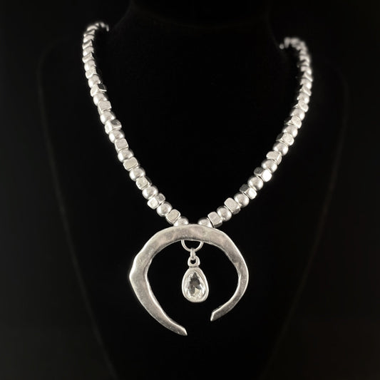 Chunky Abstract Silver Necklace with Teardrop Crystal Accent, Handmade, Nickel Free