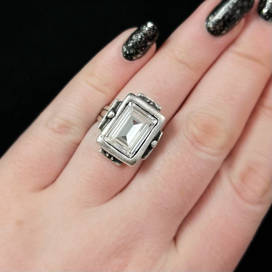 Chunky Abstract Silver Ring with Rectangular Crystal Accent, Handmade, Nickel Free