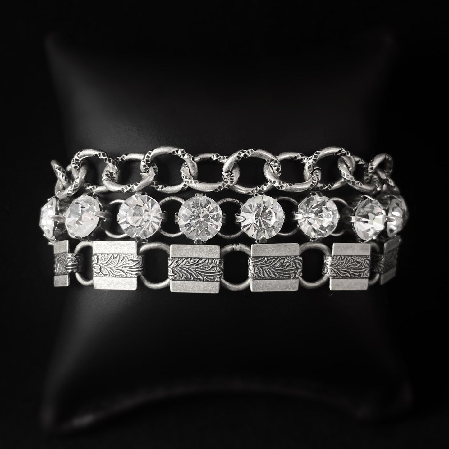 Chunky Burnished Silver Multi Chain Link and Clear Swarovski Crystal Statement Bracelet - VBC