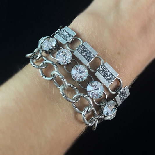 Chunky Burnished Silver Multi Chain Link and Clear Swarovski Crystal Statement Bracelet - VBC