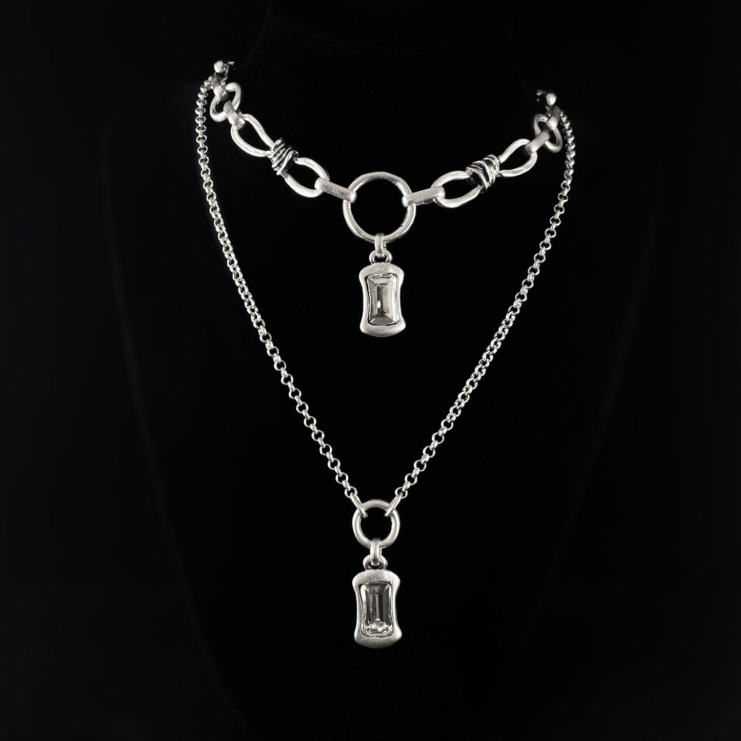 Chunky Chain Link Double Strand Necklace with Clear Crystals, Handmade, Nickel Free