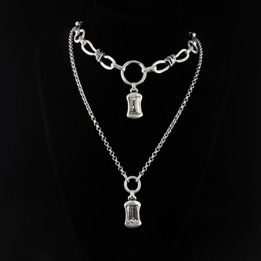 Chunky Chain Link Double Strand Necklace with Clear Crystals, Handmade, Nickel Free