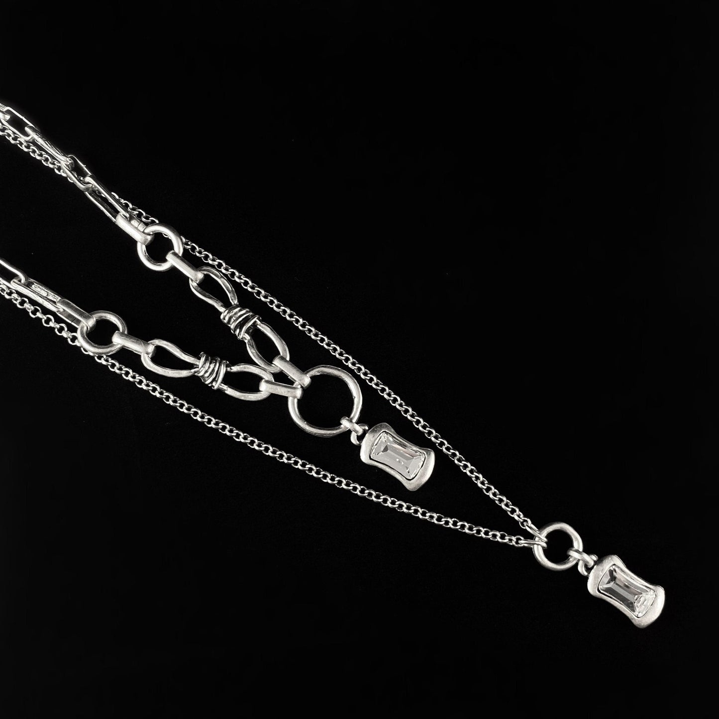 Chunky Chain Link Double Strand Necklace with Clear Crystals, Handmade, Nickel Free