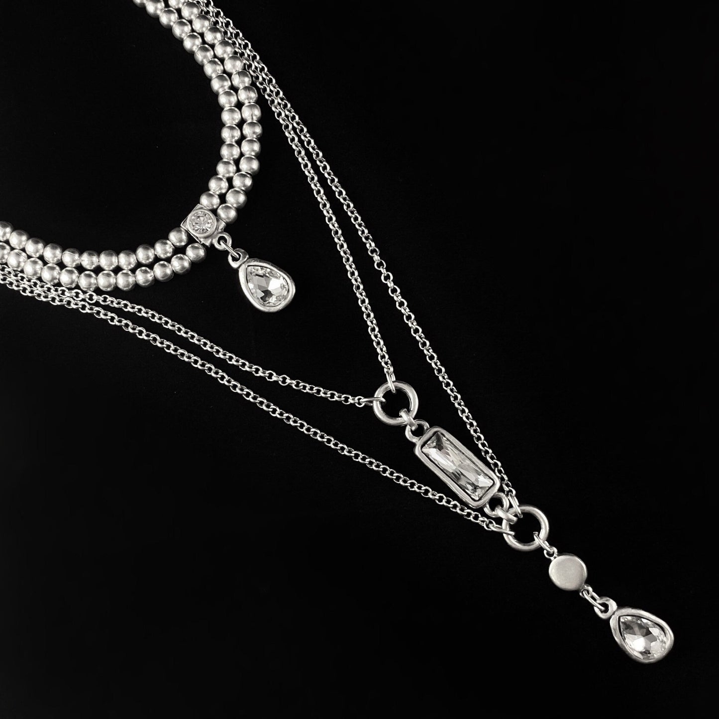Chunky Chain Link Triple Strand Necklace with Clear Crystals, Handmade, Nickel Free