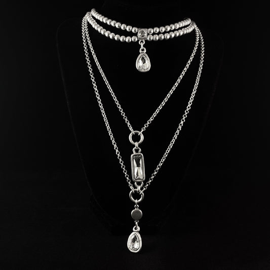 Chunky Chain Link Triple Strand Necklace with Clear Crystals, Handmade, Nickel Free