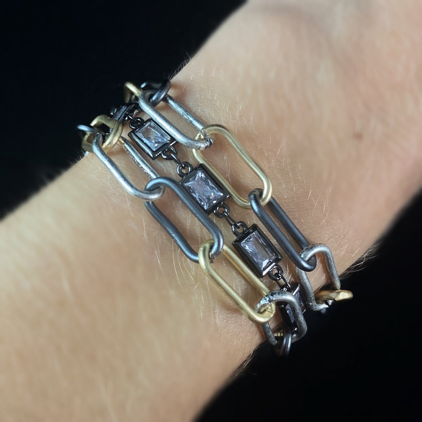 Chunky Silver and Gold Multi Chain Link and Clear Rectangle Swarovski Crystal Statement Bracelet - VBC