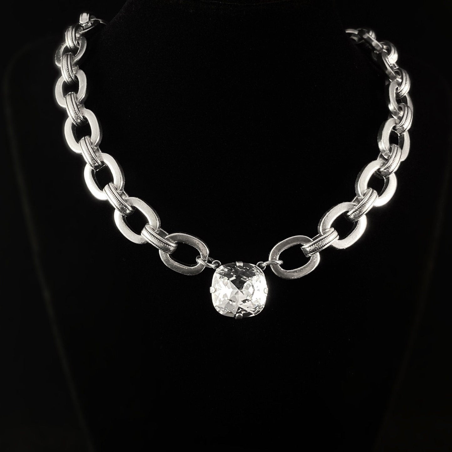 Chunky Silver Chain Necklace with Cushion Cut Clear Swarovski Crystal - La Vie Parisienne by Catherine Popesco
