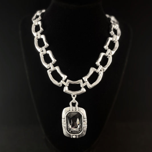 Chunky Silver Chain Necklace with Large Purple Crystal Pendant, Handmade, Nickel Free