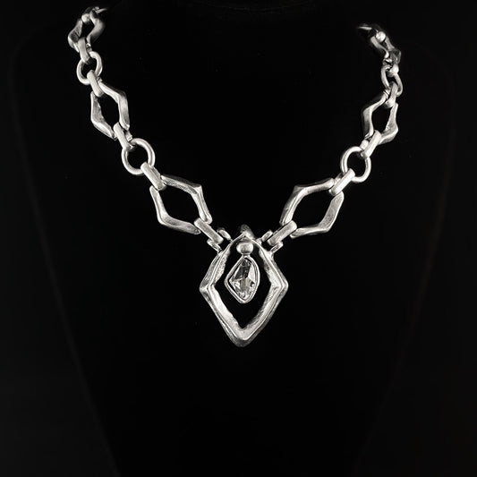 Chunky Silver Necklace with Clear Crystals, Handmade, Nickel Free