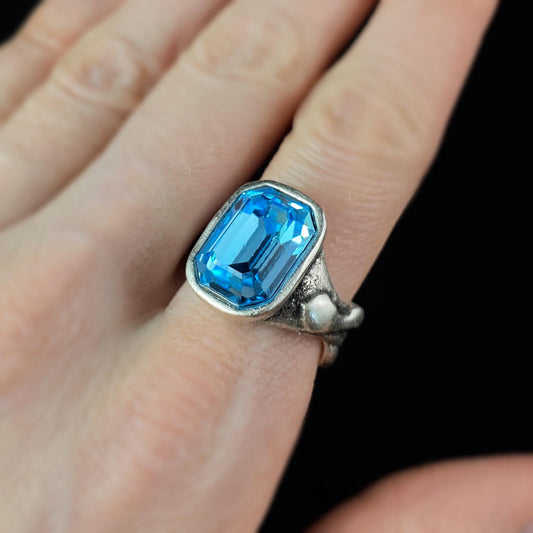 Chunky Silver Statement Ring with Blue Crystal, Handmade, Nickel Free - Noir