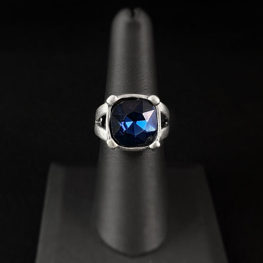 Chunky Silver Statement Ring with Blue Crystal, Handmade, Nickel Free - Noir