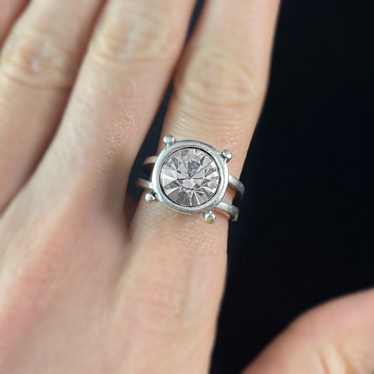 Chunky Silver Statement Ring with Clear Crystal, Handmade, Nickel Free - Noir