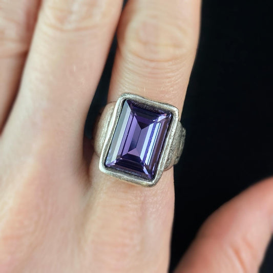 Chunky Silver Statement Ring with Purple Crystal, Handmade, Nickel Free - Noir