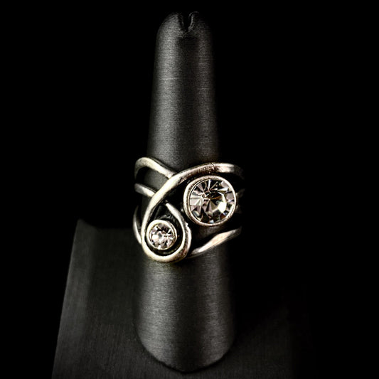 Chunky Wrap Silver Swirl Ring with Clear Crystals, Handmade, Nickel Free - Noir