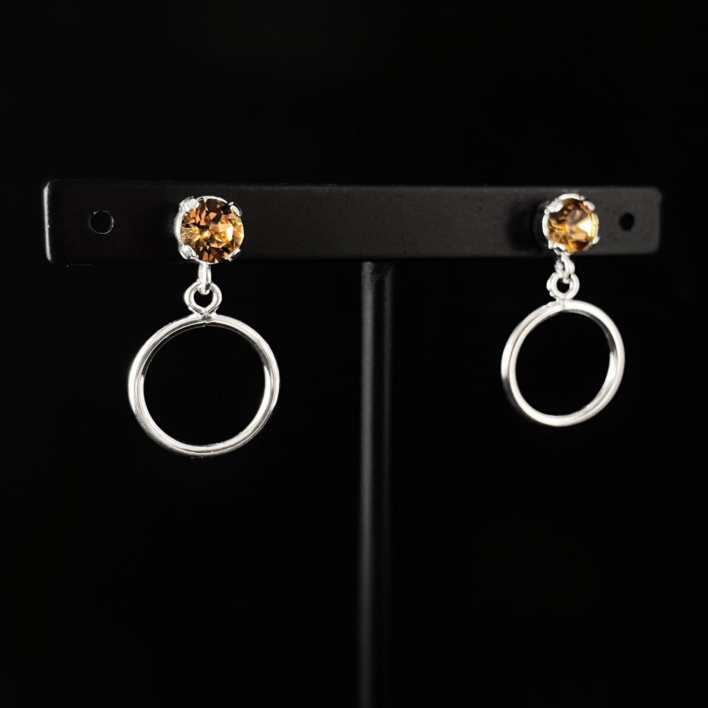 Citrine Crystal Circle Accent Silver Minimalist Stud Earrings - Handmade, Nickel Free - Ulla