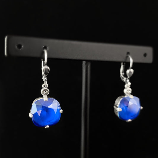 Cobalt Blue Cushion Cut Swarovski Crystal Drop Earrings- La Vie Parisienne by Catherine Popesco