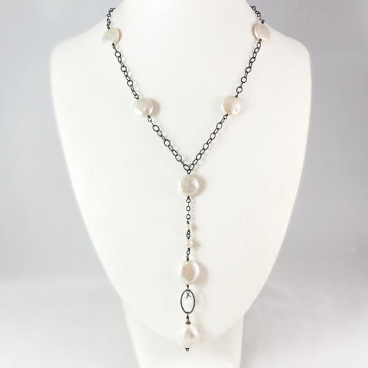Coin Pearls and White Topaz Necklace, Handmade in USA - Avaasi