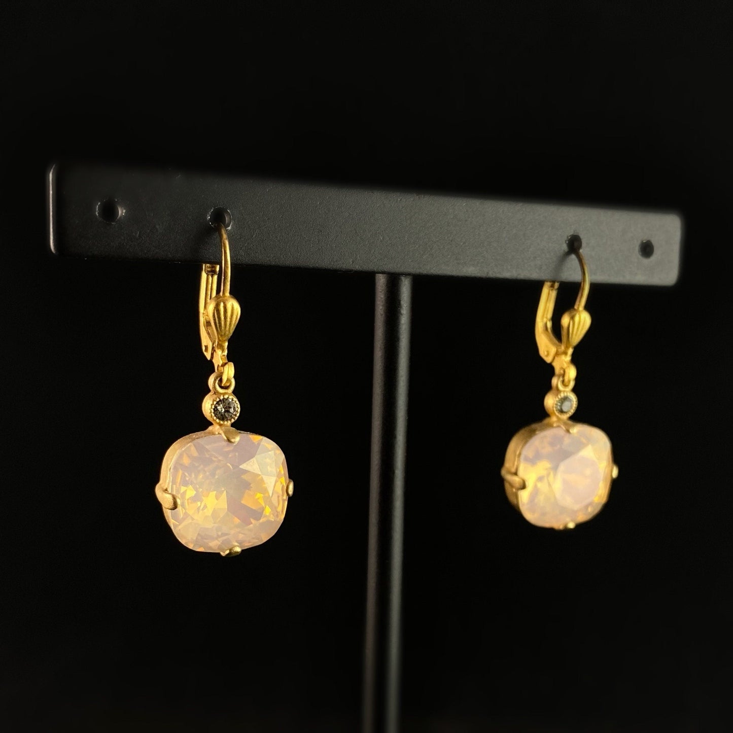 Cushion Cut Swarovski Crystal Drop Earrings, Milky Peach - La Vie Parisienne by Catherine Popesco