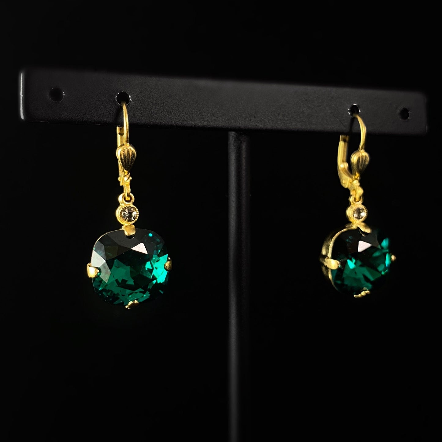 Cushion Cut Swarovski Crystal Drop Earrings, Rich Forest Green - La Vie Parisienne by Catherine Popesco