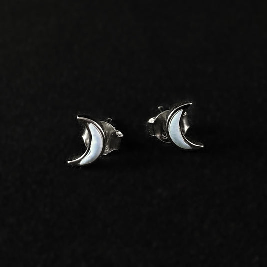Dainty Crescent Moon Sterling Silver Stud Earrings with Natural Larimar Stones