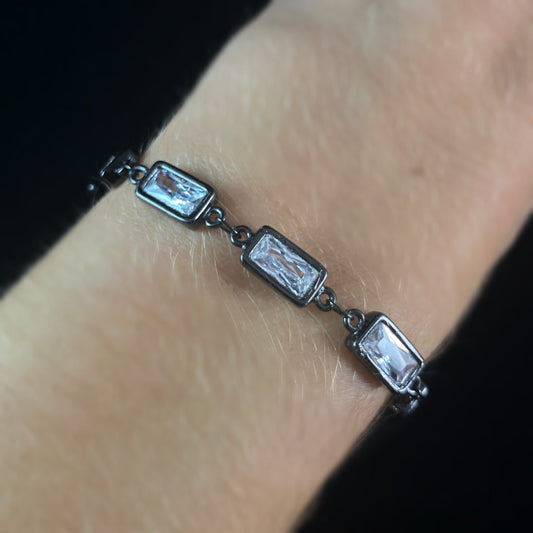 Dainty Gunmetal Rectangle Clear Swarovski Crystal Bracelet - VBC