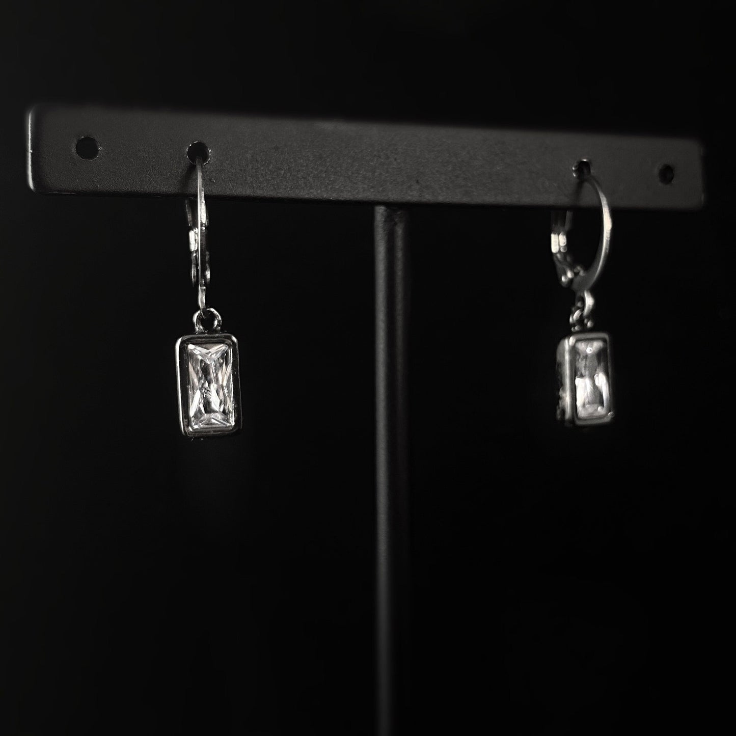 Dainty Gunmetal Rectangle Clear Swarovski Crystal Earrings - VBC
