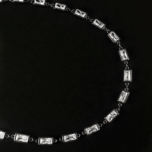 Dainty Gunmetal Rectangle Clear Swarovski Crystal Necklace - VBC