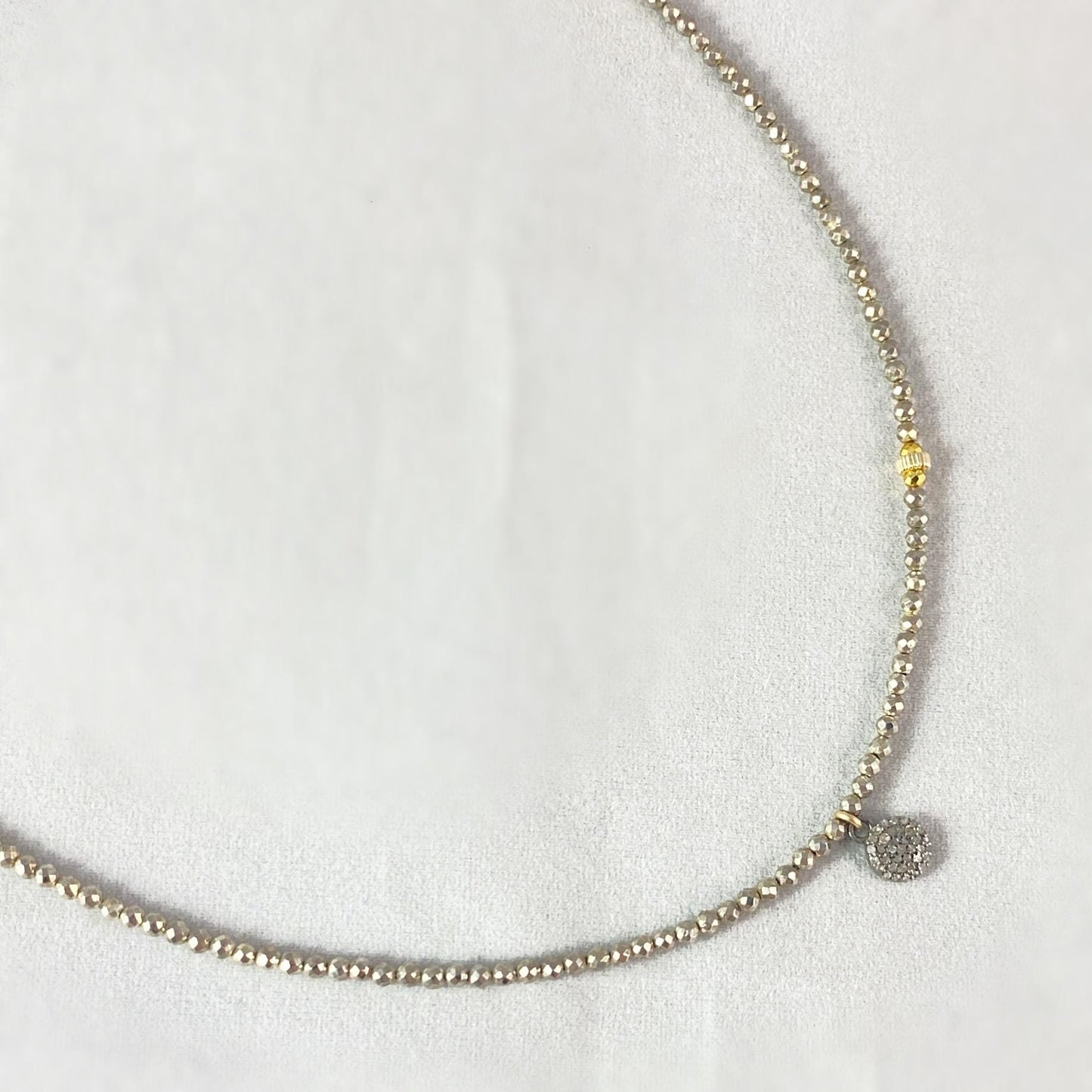 Dainty Pave Diamond Disc, 14kt Gold Bead, and Pyrite Necklace, Handmade in USA - Avaasi