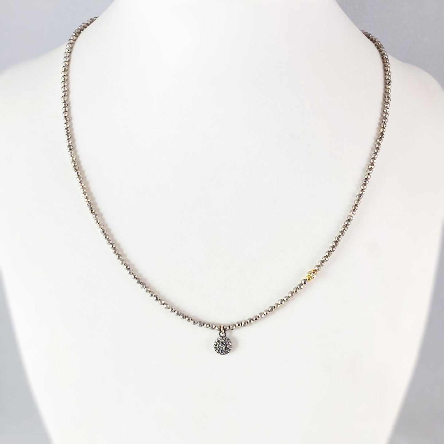 Dainty Pave Diamond Disc, 14kt Gold Bead, and Pyrite Necklace, Handmade in USA - Avaasi