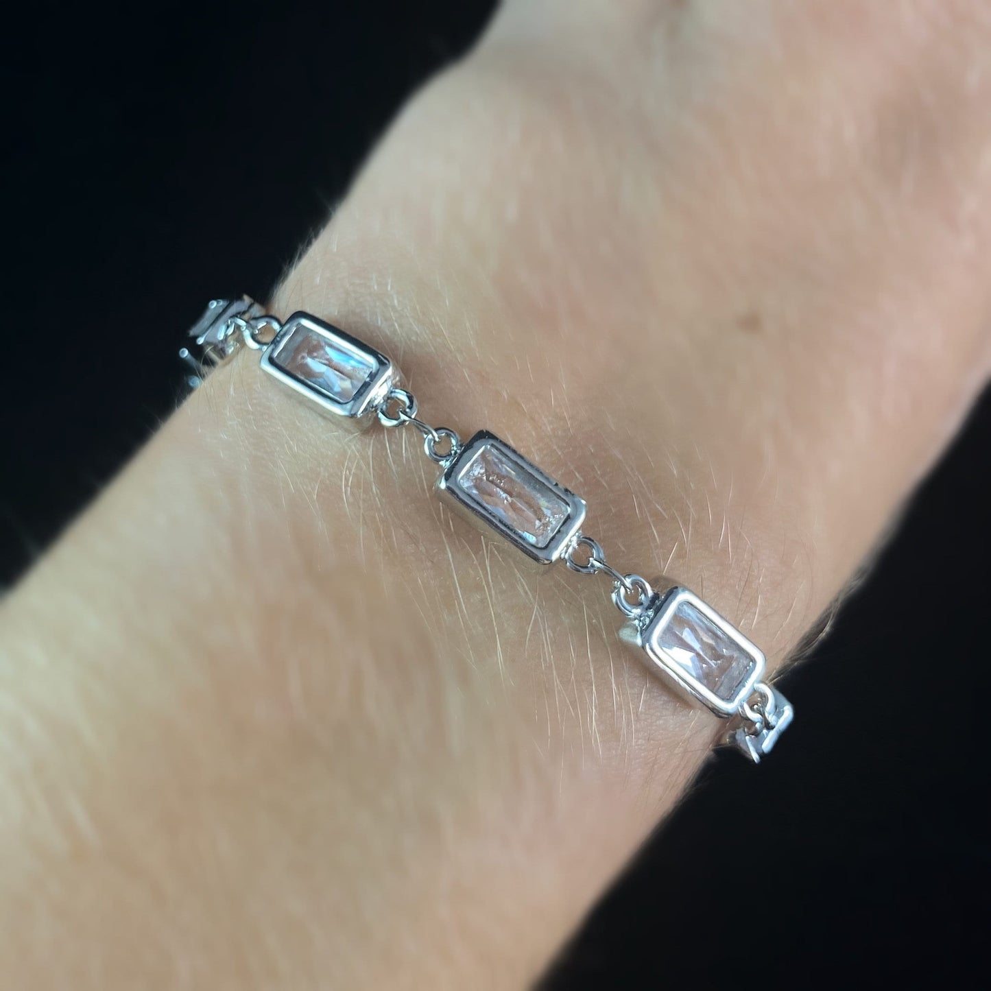 Dainty Silver Rectangle Clear Swarovski Crystal Bracelet - VBC