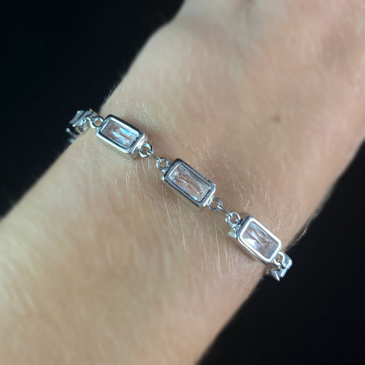 Dainty Silver Rectangle Clear Swarovski Crystal Bracelet - VBC