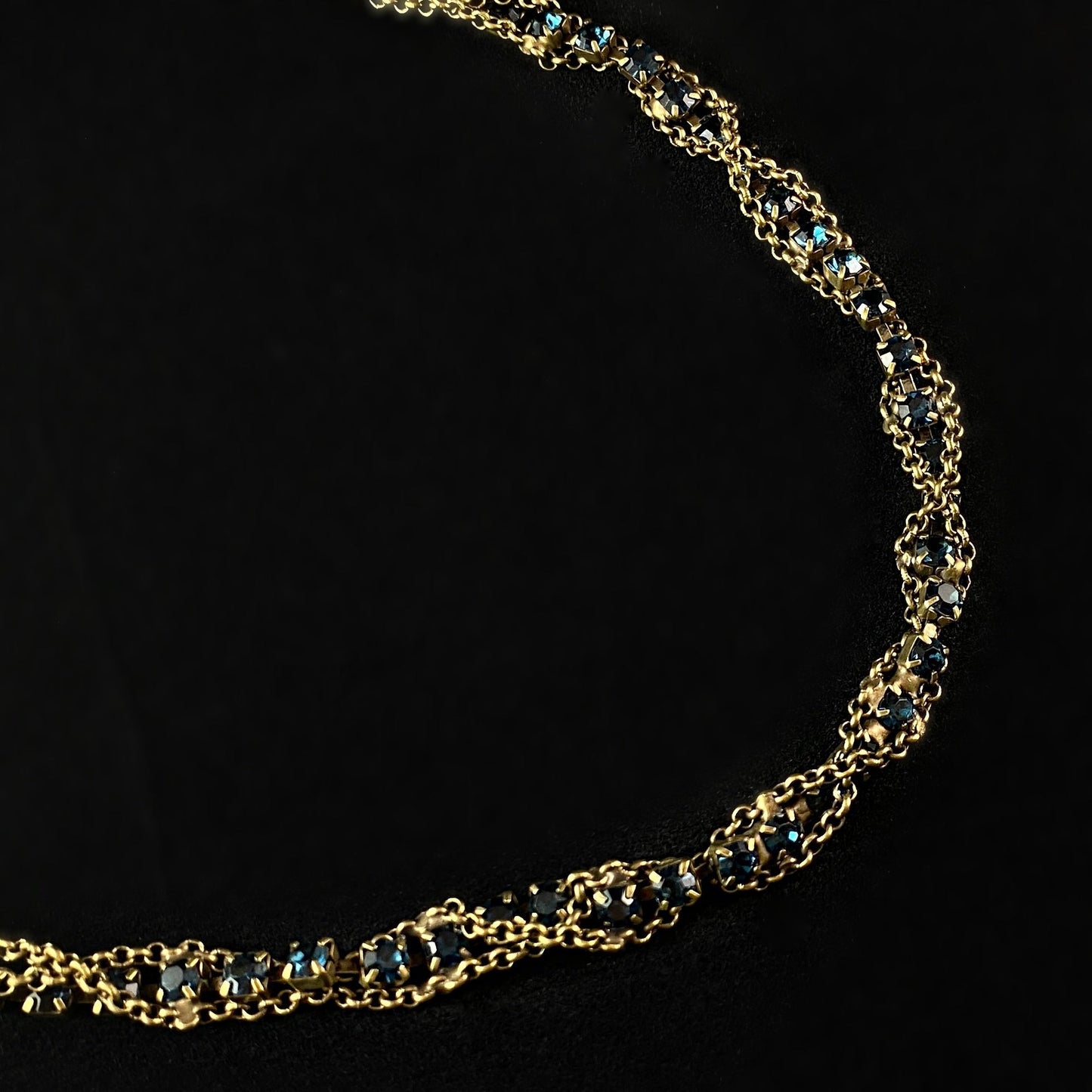 Dark Blue Crystal and Chain Statement Necklace with Antique