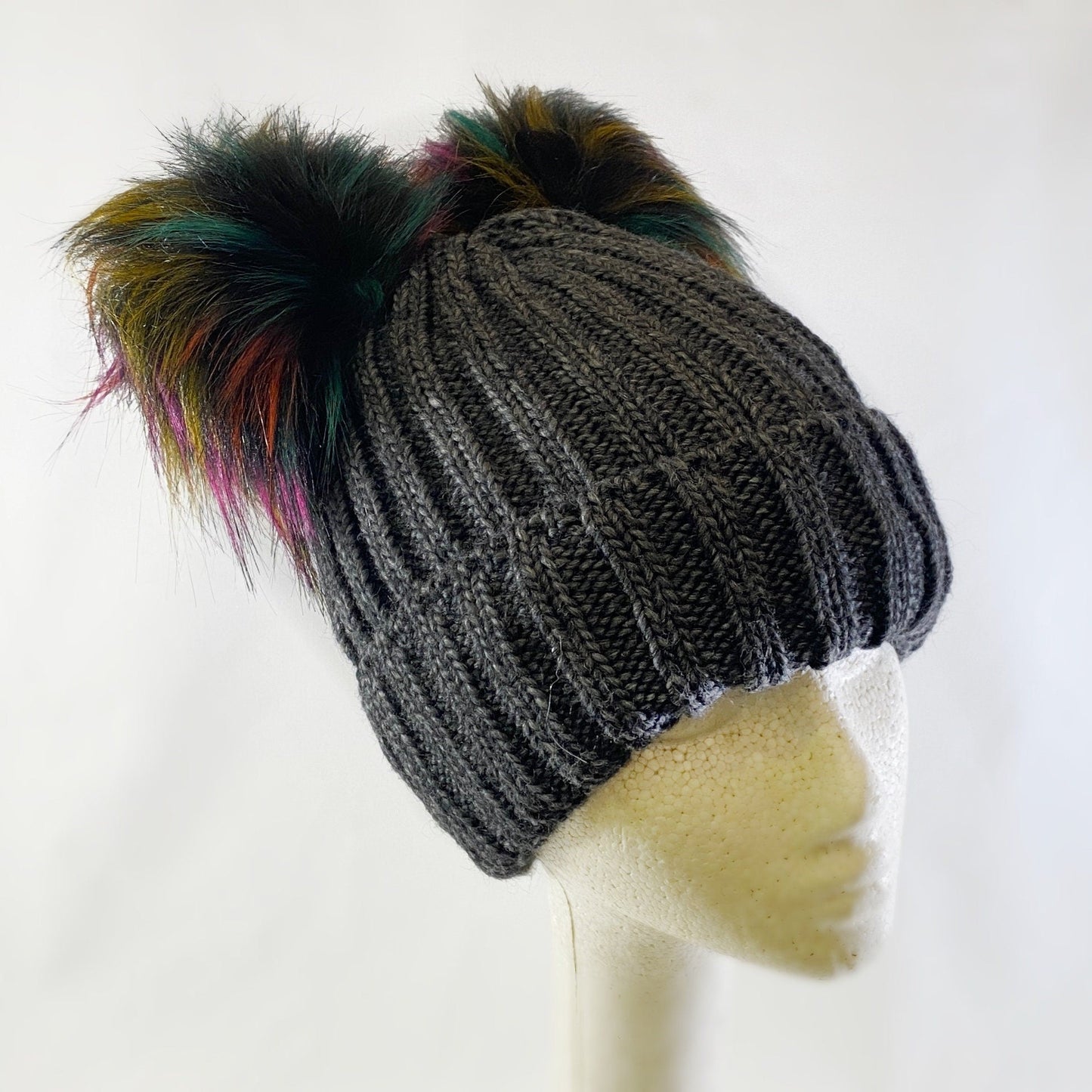 Dark Gray Winter Beanie With Dual Multicolor Pompoms - Made From Italian Wool, Acrylic Yarn, and Faux Fur
