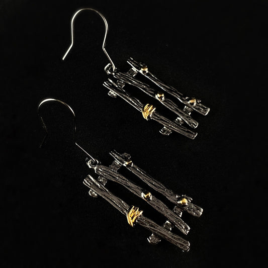 Dark Gunmetal Criss Cross Drop Earrings with Gold Accent, Handmade, Nickel Free - Elegant Minimalist Jewelry for Women