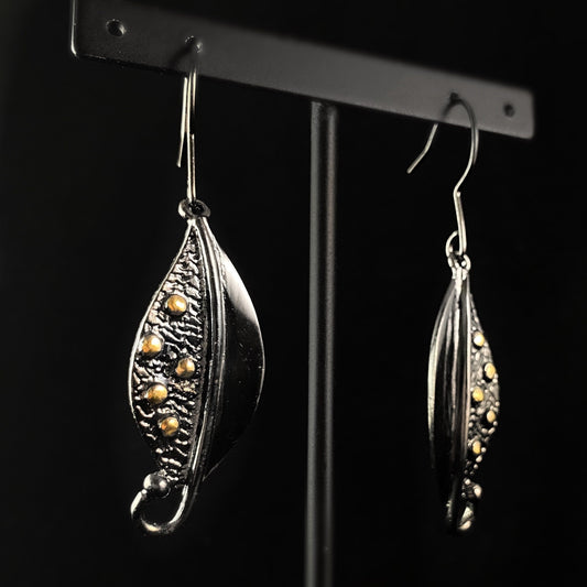 Dark Gunmetal Leaf Earrings with Gold Accent, Handmade, Nickel Free - Elegant Minimalist Jewelry for Women