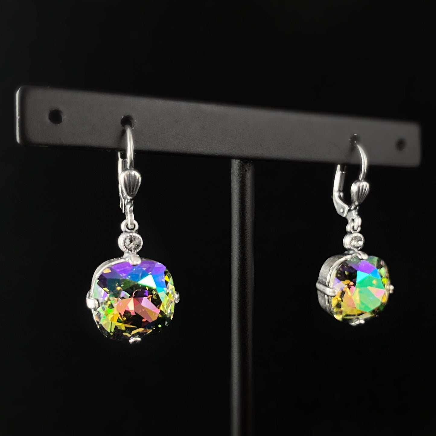 Dark Opal Rainbow Cushion Cut Swarovski Crystal Drop Earrings- La Vie Parisienne by Catherine Popesco