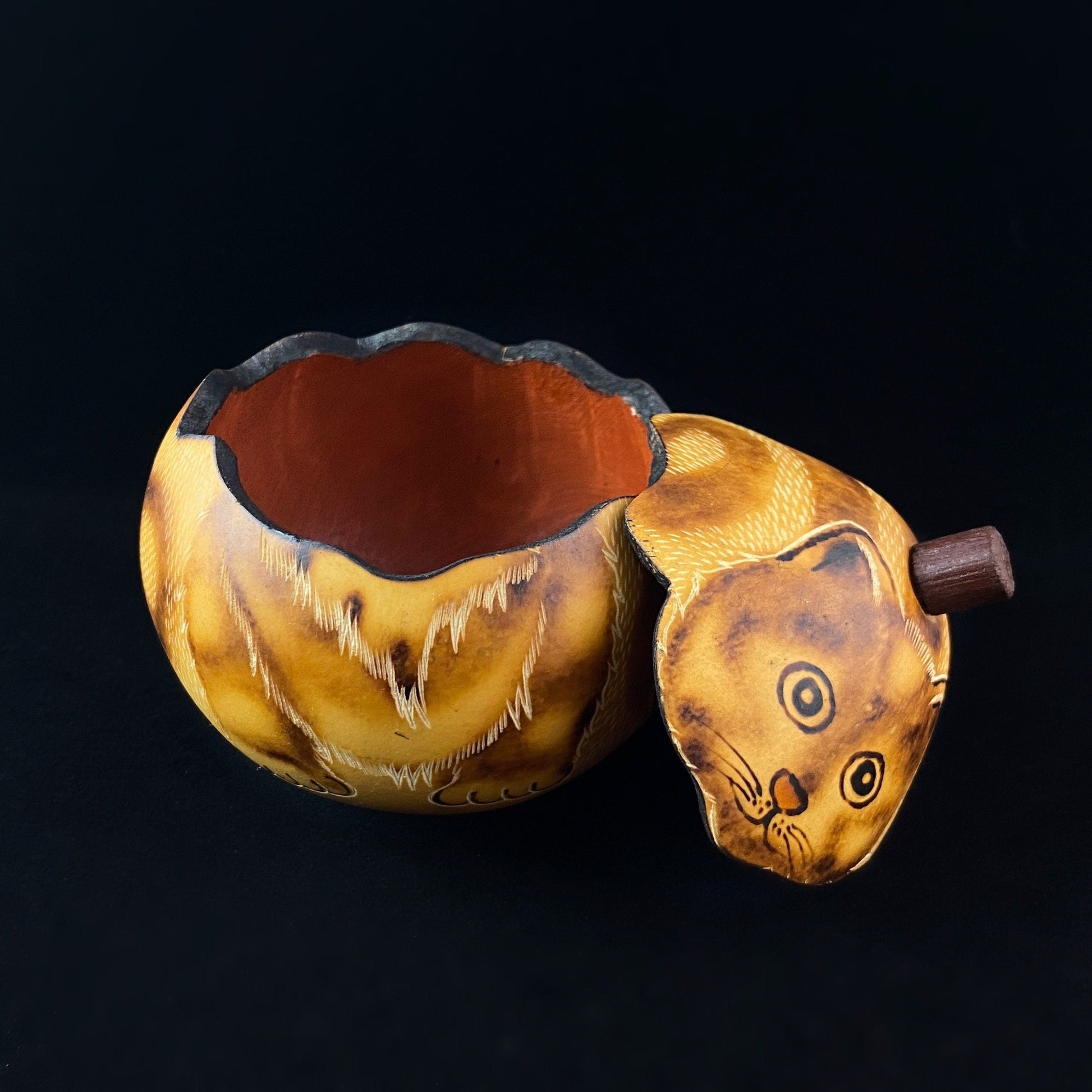 Decorative Brown Kitten Jewelry Box/Container - Hand-Carved and Hand Painted Peruvian Gourd