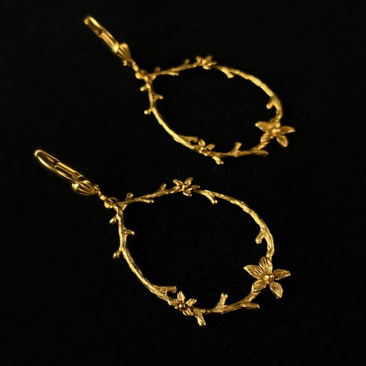 Delicate Gold Floral Branch Hoop Earrings - La Vie Parisienne by Catherine Popesco