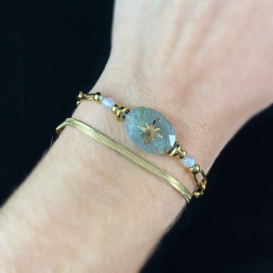 Double Strand Pastel Green Oval Shaped Natural Stone Bracelet with Gold Sunburst Accent