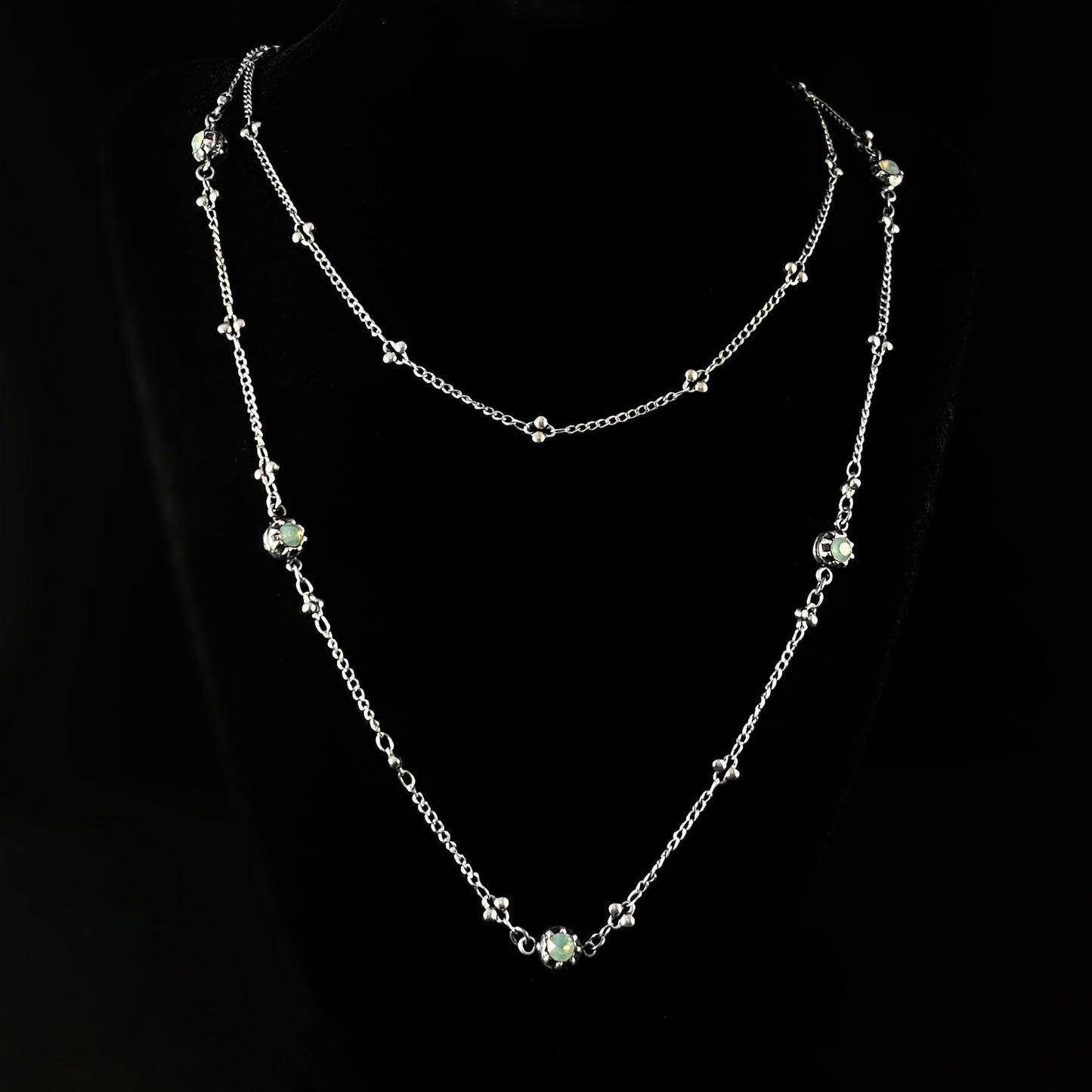 Double Strand Silver Chain Necklace with Round Green Swarovski Crystals - La Vie Parisienne by Catherine Popesco