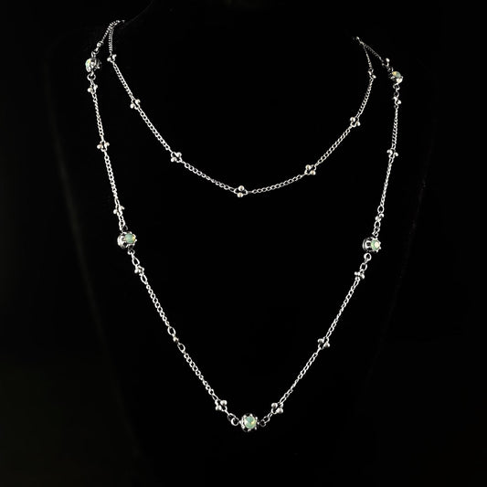 Double Strand Silver Chain Necklace with Round Green Swarovski Crystals - La Vie Parisienne by Catherine Popesco
