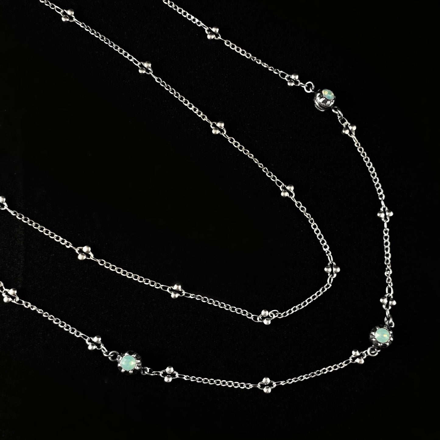 Double Strand Silver Chain Necklace with Round Green Swarovski Crystals - La Vie Parisienne by Catherine Popesco