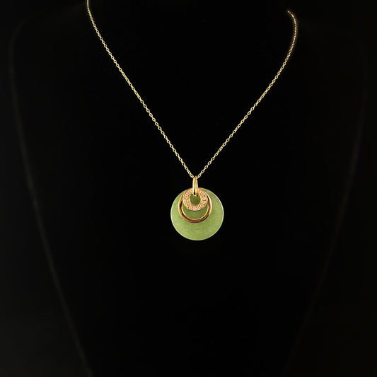 Elegant Dainty Gold Necklace with Round Jade Pendant and Gold Discs- Genevive