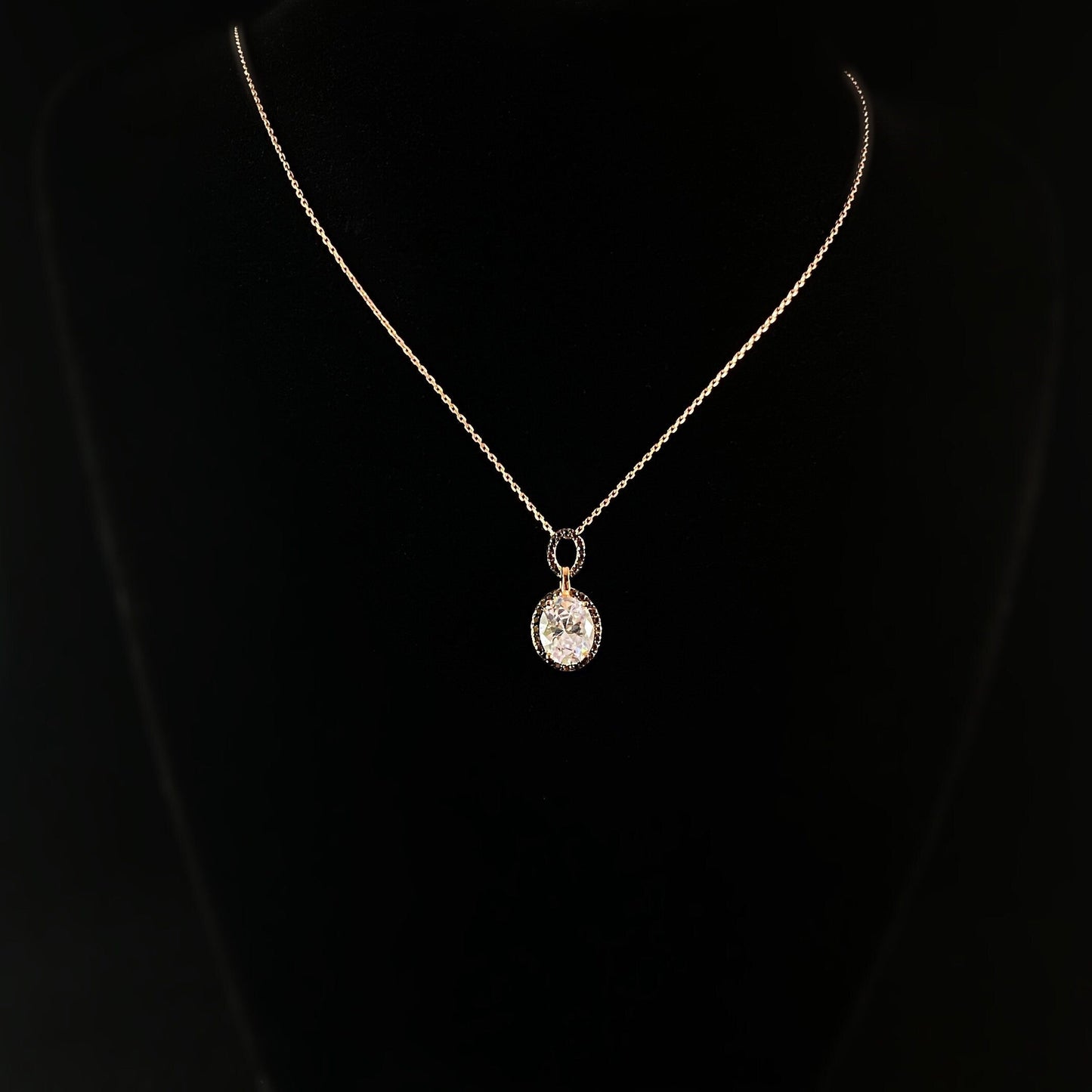 Elegant Dainty Rose Gold Necklace with Round Clear and Black Crystals Pendant- Genevive